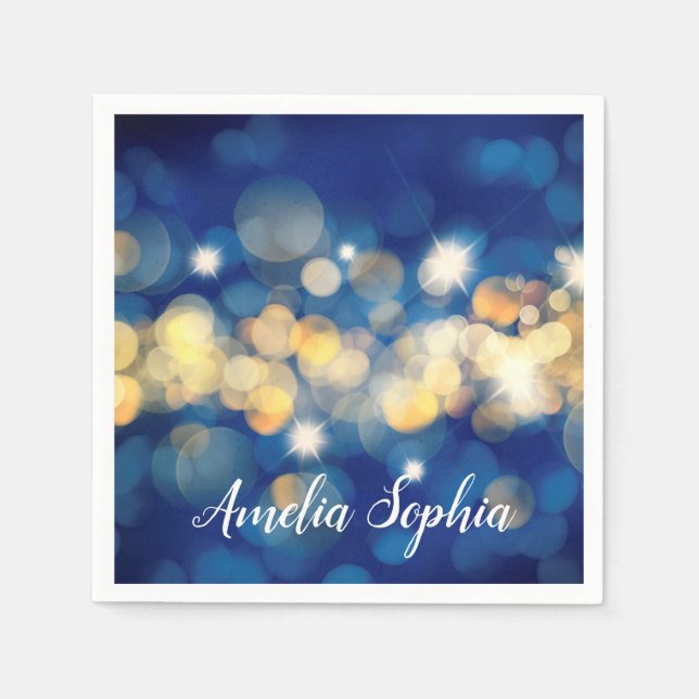 Serviette En Papier Elégante Marine et Gold Bokeh Quinceañera (Devant)
