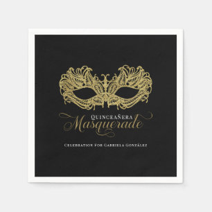 Serviette En Papier Élégante mascarade dorée Quinceanera