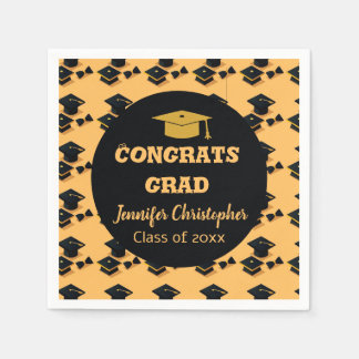 Serviette En Papier Élégante Mignonne Classique Noir & Jaune Graduatio