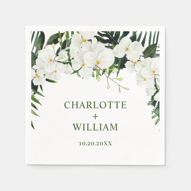 Serviette En Papier Elégante Orchidées Blanches Mariage floral bohème (Devant)