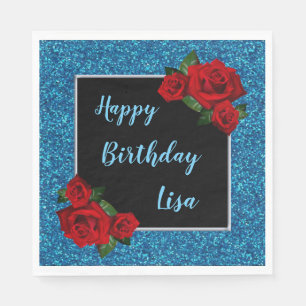 Serviette En Papier Elégante Parties scintillant Bleue Chic Roses Roug