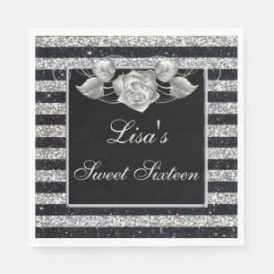 Serviette En Papier Elégante Parties scintillant d'argent noir Rose ar