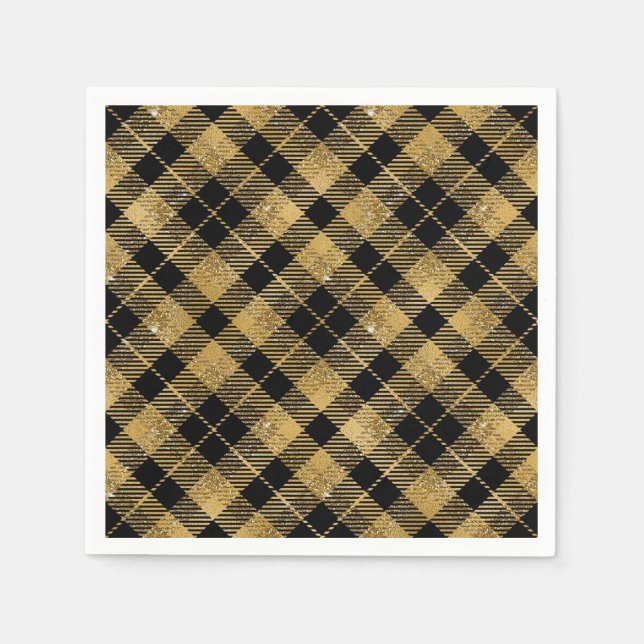 Serviette En Papier Elégante Parties scintillant Tartan Black Gold (Devant)