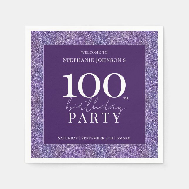Serviette En Papier Elégante Parties scintillant violet 100e fête d'an (Devant)