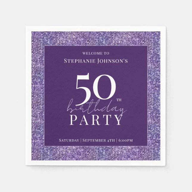Serviette En Papier Elégante Parties scintillant violet 50ème annivers (Devant)