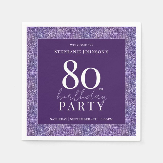 Serviette En Papier Elégante Parties scintillant violet 80e fête d'ann (Devant)