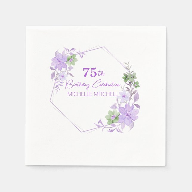 Serviette En Papier Élégante Personnalisation 75e Anniversaire Lavande (Devant)