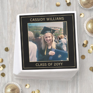 Serviette En Papier Elégante Photo Black & Gold Modern Graduation Part