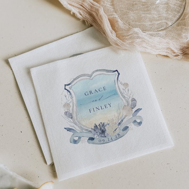 Serviette En Papier Elégante Plage Mariage Crest Côtier Chic (Créateur téléchargé)