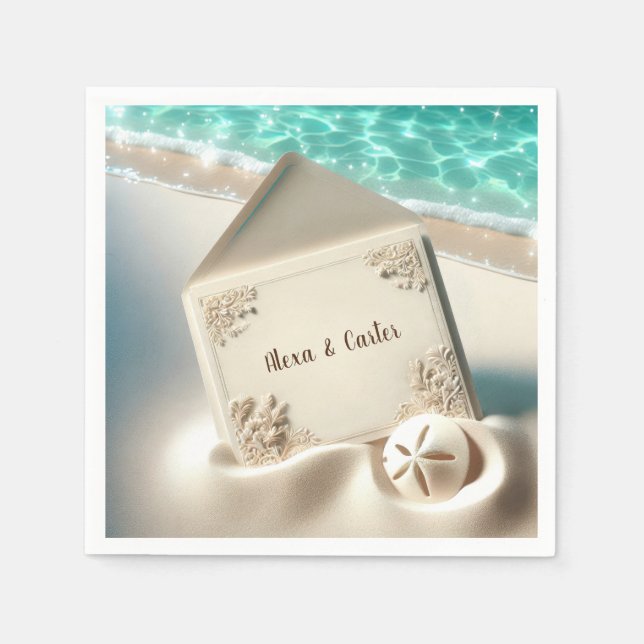 Serviette En Papier Elégante Plage Mariage Invitation Dans Le Sable (Devant)