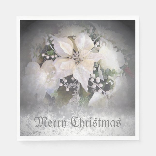 Serviette En Papier Élégante Poinsététie de Noël Blanc (Devant)