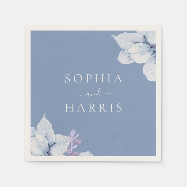 Serviette En Papier Elégante Réception De Mariage Floral Bleu (Devant)