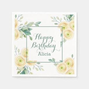 Serviette En Papier Élégante Rose blanche Flore verte Anniversaire