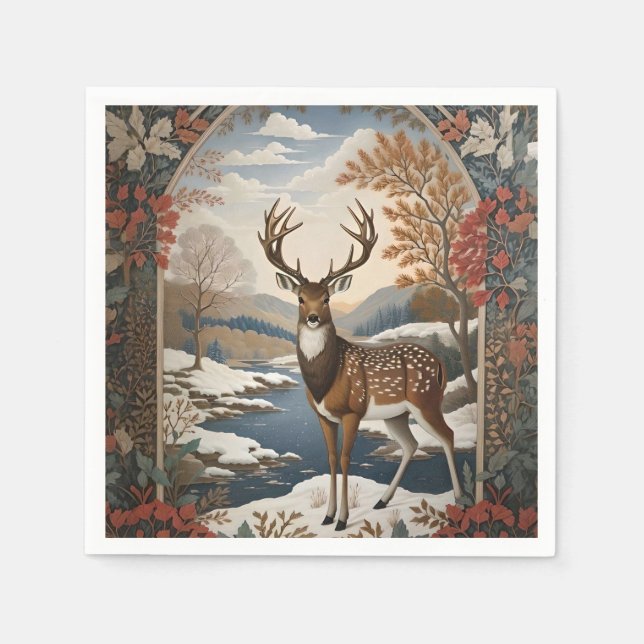 Serviette En Papier Élégante scène hivernale de cerfs (Devant)