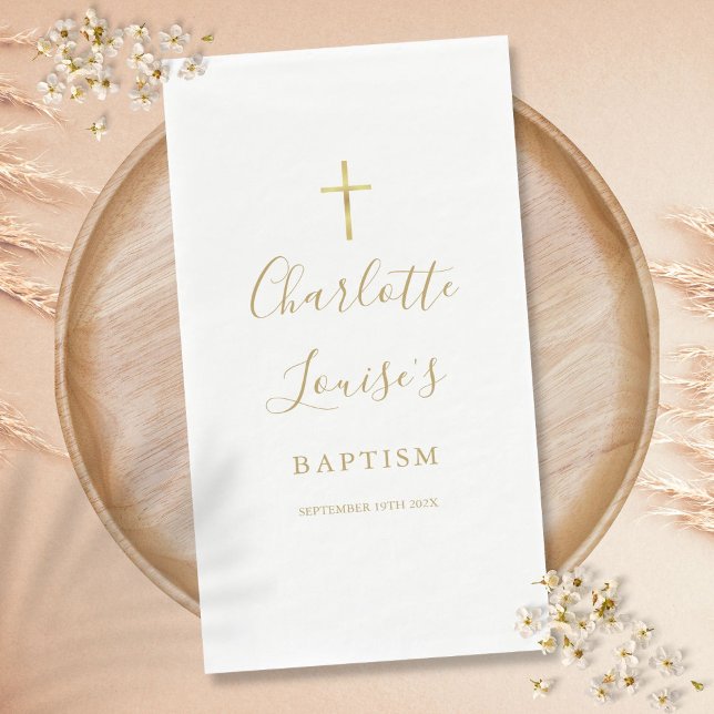 Serviette En Papier Élégante signature en écriture script Or Baptême (Elegant Gold Signature Script Baptism Christening Paper Guest Towels)