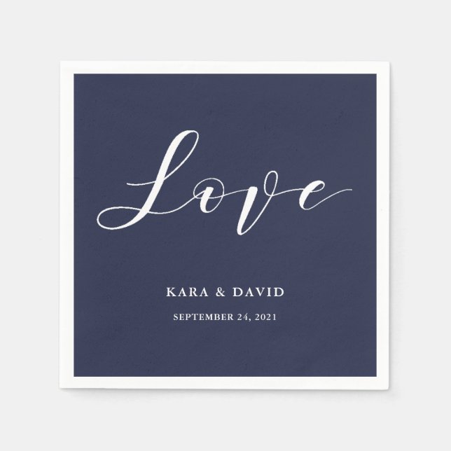 Serviette En Papier Élégante typographie | Marine Blue Mariage Love (Devant)