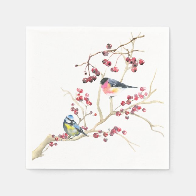 Serviette En Papier Elégante verdure de Noël avec oiseaux et baies (Devant)