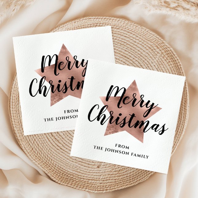Serviette En Papier Elégante White Faux Rose Gold Star Joyeux Noël (Elegant White Faux Rose Gold Star Merry Christmas Napkins)