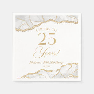 Serviette En Papier Elégante White Gold Agate 25e fête d'anniversaire