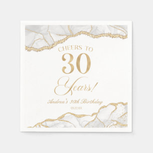 Serviette En Papier Elégante White Gold Agate 30e fête d'anniversaire