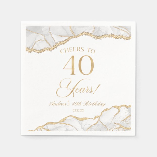 Serviette En Papier Elégante White Gold Agate 40e fête d'anniversaire (Devant)