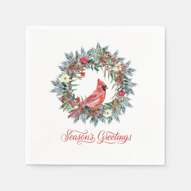 Serviette En Papier Élégantes Bonnes Fêtes couronnes cardinal rouge (Devant)