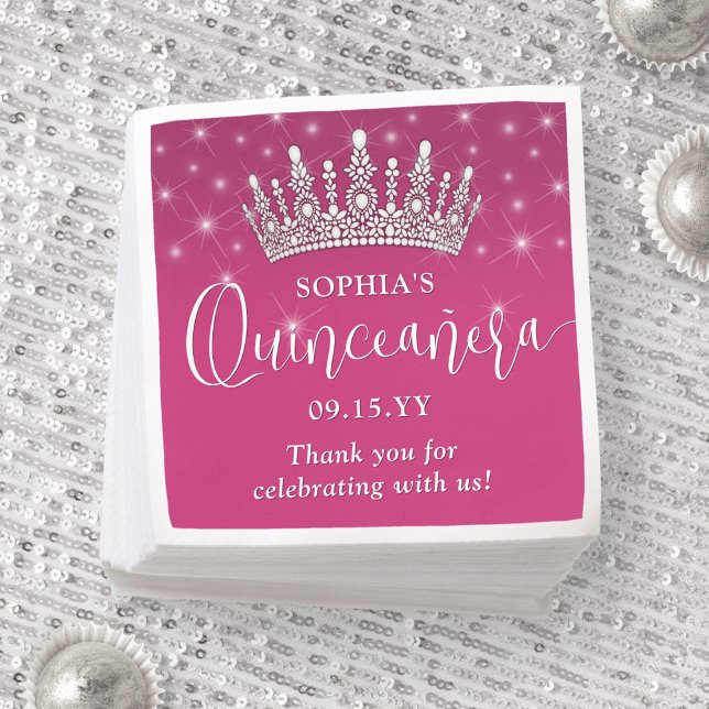 Serviette En Papier Élégantes étincelles Quinceañera Couronne Fuschia  (Créateur téléchargé)