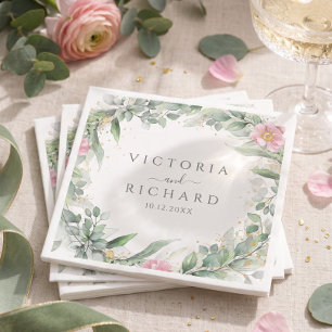 Serviette En Papier Élégantes feuilles de eucalyptus verdure or mariag