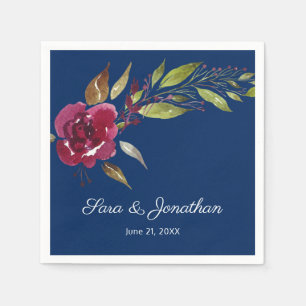 Serviette En Papier Élégantes Fleurs Aquarelle Mariage Bleu Nuit