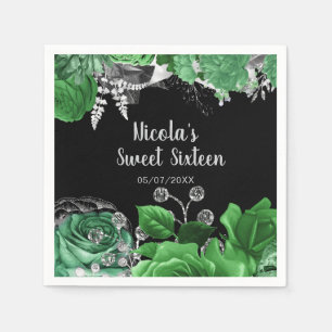 Serviette En Papier Élégantes fleurs vertes et argentées Sweet Sixteen