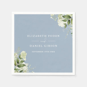 Serviette En Papier Élégantes Noms Date Florale de Verdure Bleu Poussi