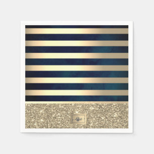 Serviette En Papier Élégantes rayures dorées pailletées, bleu marine