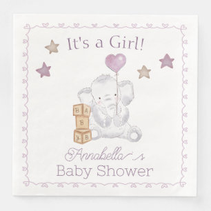 Serviette En Papier Éléphant Bébé Fille et Ballon Mignon Aquarelle