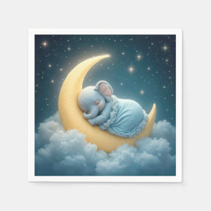 Serviette En Papier Éléphant Bleu Bébé Endormi sur un Croissant de Lun
