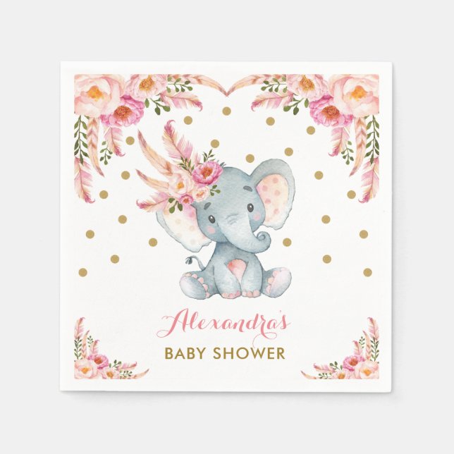Serviette En Papier Eléphant Bohémien Rose Or Papier Floral Napkin (Devant)
