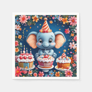 Serviette En Papier Éléphant d'anniversaire avec gâteau et ballons