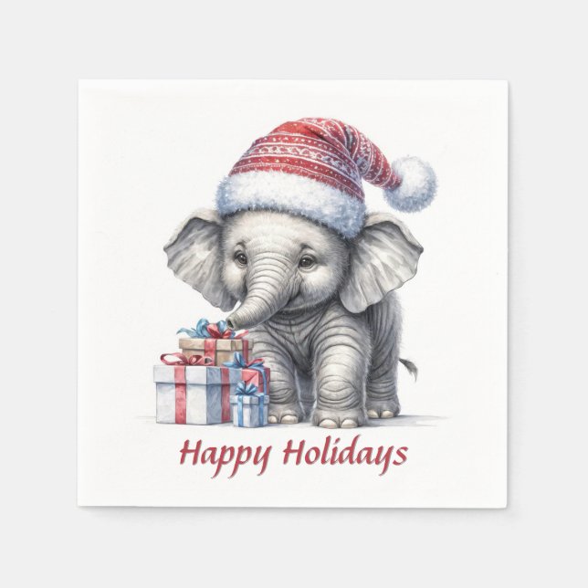 Serviette En Papier Elephant De Noël Avec Cadeaux De Vacances (Devant)