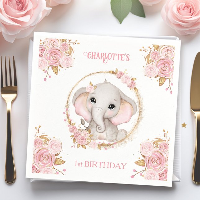 Serviette En Papier Eléphant Girl rose Floral 1er Anniversaire serviet (Elephant Girl Pink Floral 1st Birthday Napkins)