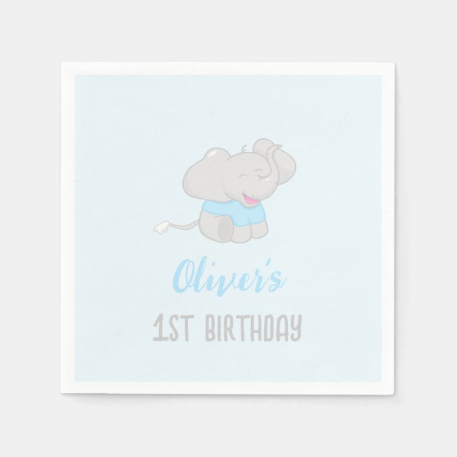 Serviette En Papier Eléphant mignon 1er anniversaire bleu (Devant)
