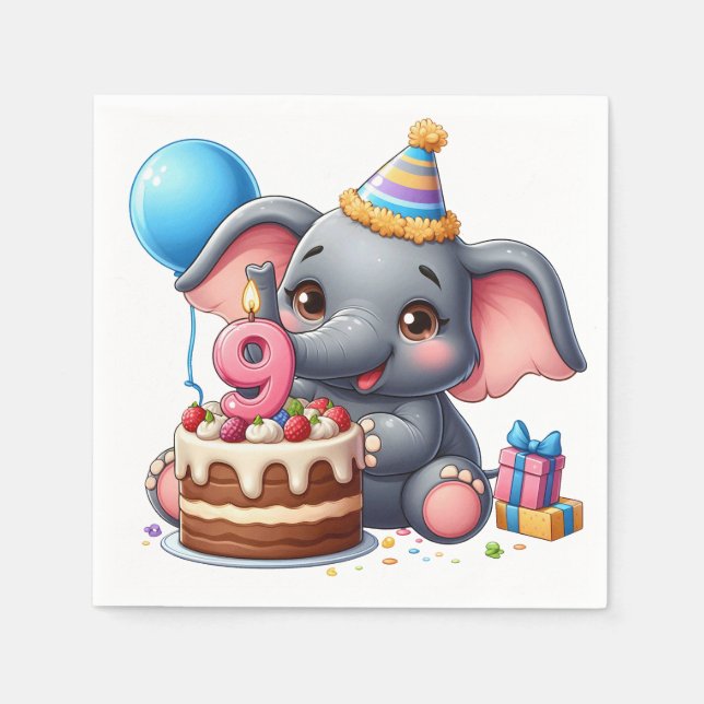 Serviette En Papier Éléphant Mignon 9ème Anniversaire (Devant)