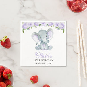 Serviette En Papier Eléphant mignon, Fleurs pourpres, Premier Annivers