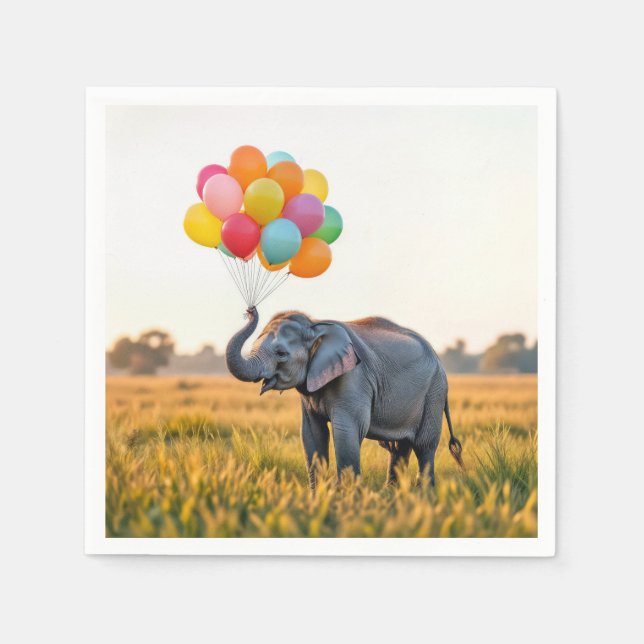 Serviette En Papier Elephant tenant un bouquet de ballon d'anniversair (Devant)