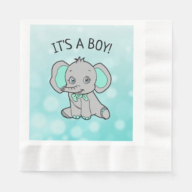 Serviette En Papier Eléphant turquoise et gris Baby shower à thème (Devant)