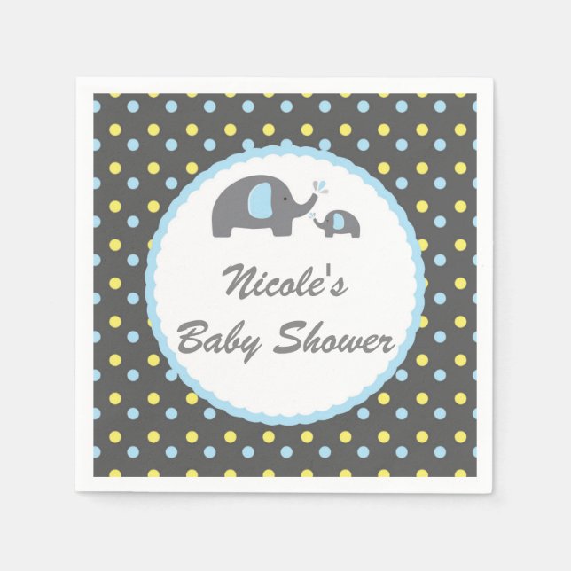 Serviette En Papier Eléphants baby shower bleu gris et jaune (Devant)