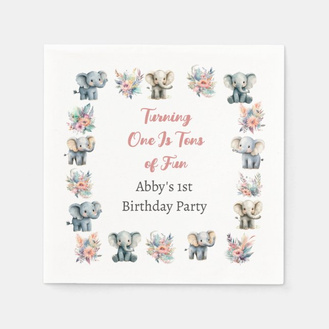 Serviette En Papier Eléphants & Boho Jungle Fleurs Anniversaire (Devant)