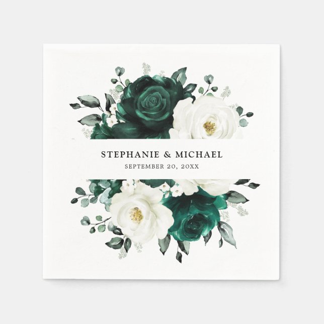 Serviette En Papier Emerald Green Eucalyptus Blanc Floral Mariage (Devant)