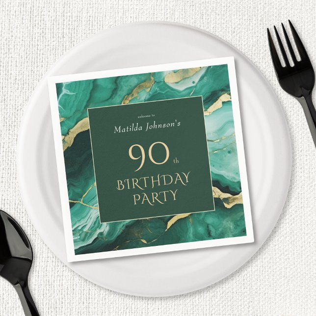 Serviette En Papier Emerald Green Gold Agate 90e fête d'anniversaire (Emerald Green Gold Agate 90th Birthday Party Napkins)