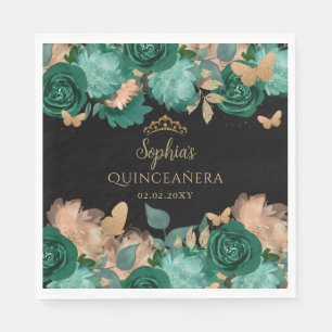 Serviette En Papier Emerald Green Gold Floral Butterfly Quinceañera