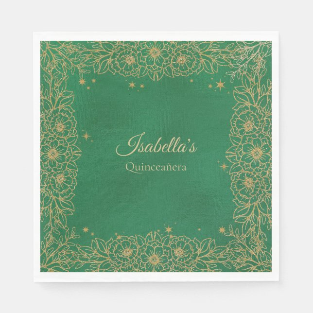 Serviette En Papier Emerald Green Gold Quinceañera Sweet 15 déjeuner (Devant)