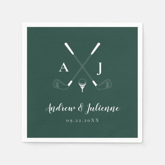 Serviette En Papier Emerald Green Moderne Monogram Mariage de golf (Devant)